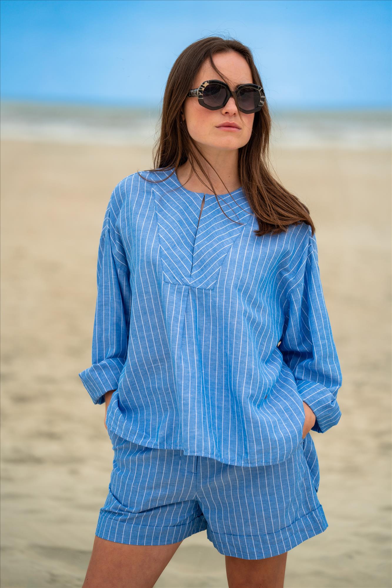 Scotch & Soda - Lichtblauwe Gestreepte Linnen blouse