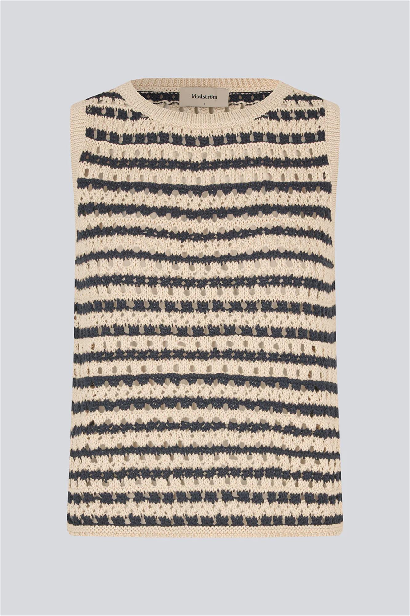 Modström - Donkerblauw-Beige Vester Stripe top