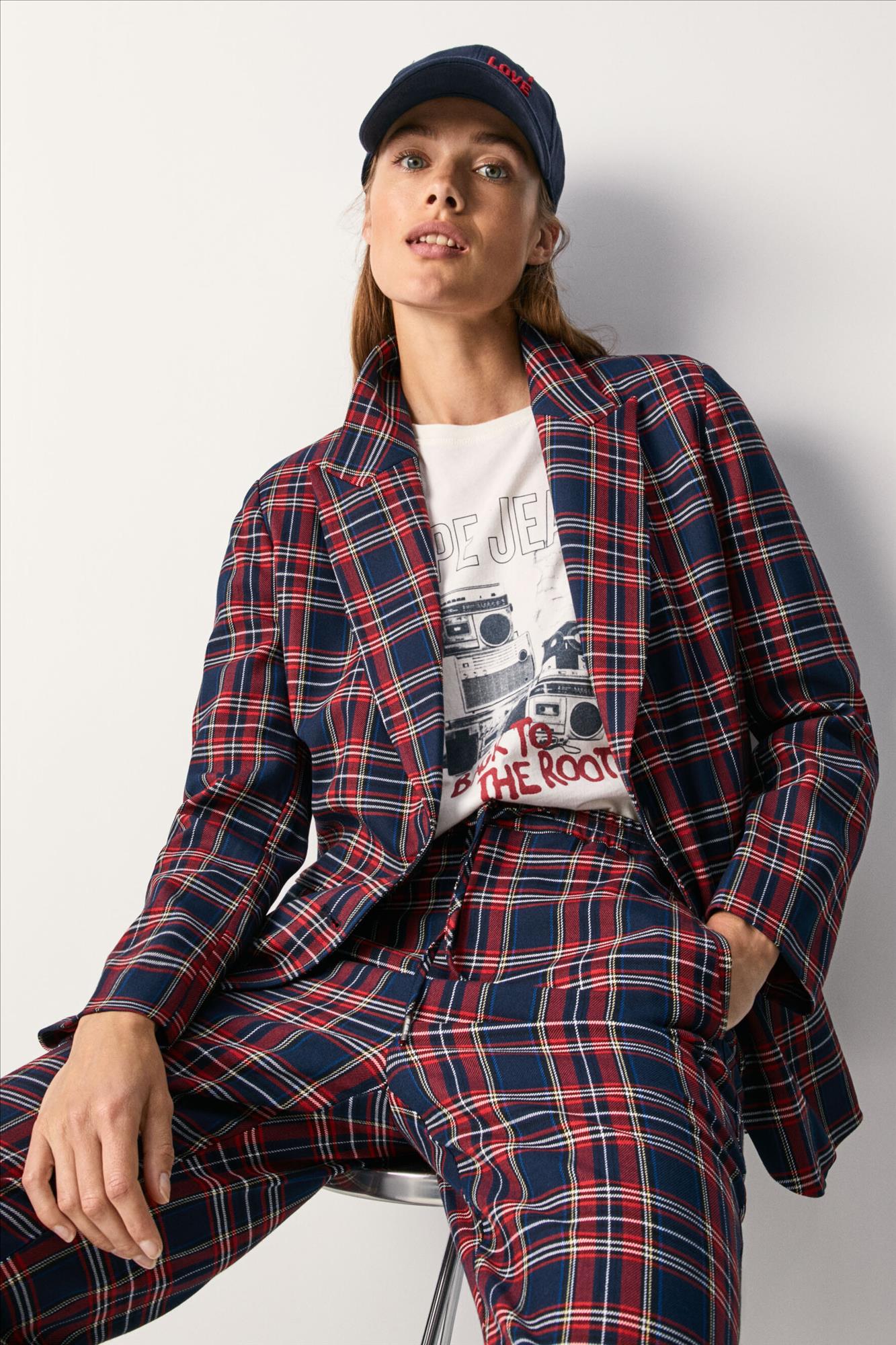 Pepe Jeans London - Marineblauw-rood geruite Rosen blazer