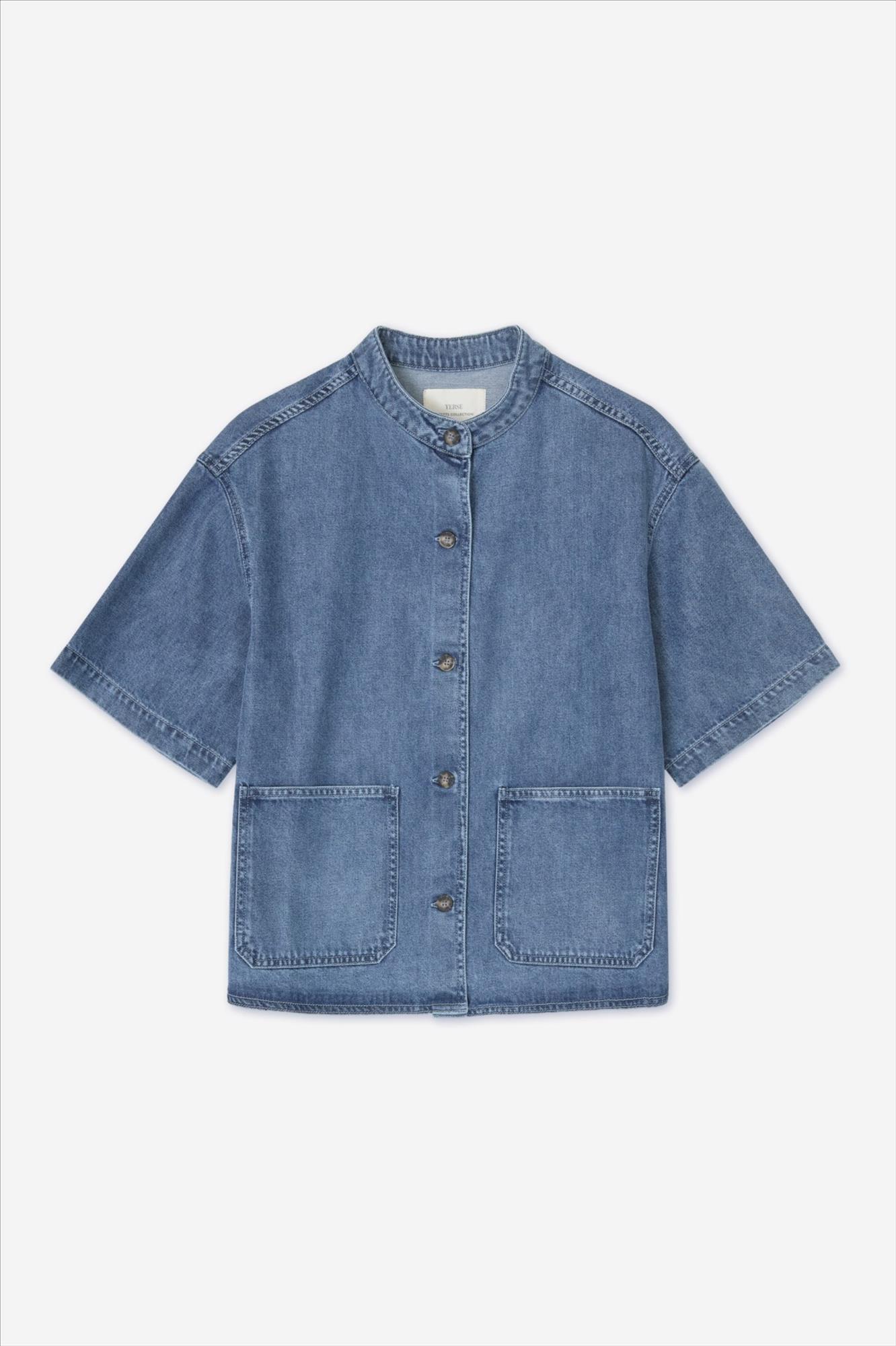 YERSE - Blauwe Denim Mao-Neck blouse